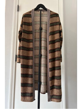 BiBi Earth Toned Striped Open Front Duster Long Cardigan Size S